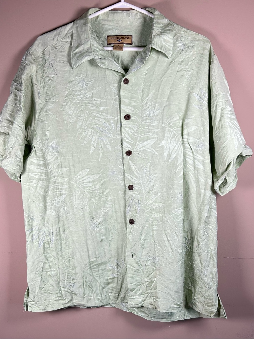 Caribbean Joe 100% Silk Tropical Leaf Jacquard Button Down Shirt Men's L Green